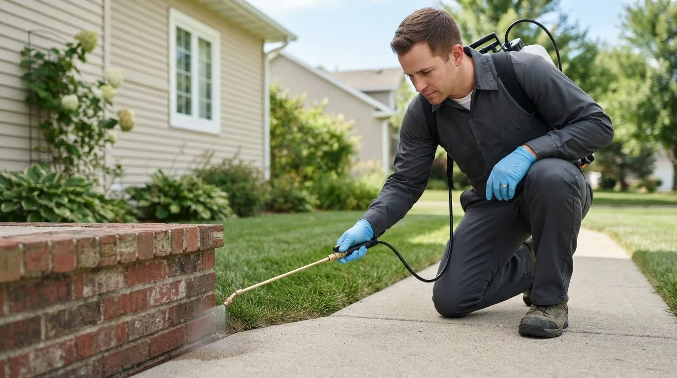 Pest control technician treating a home near Weldona, CO